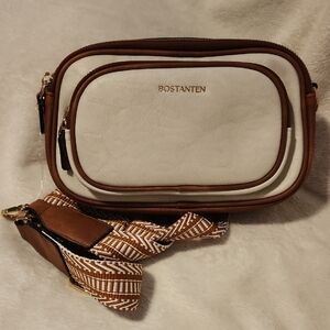 White and Brown Crossbody Bag with Geometric Strap